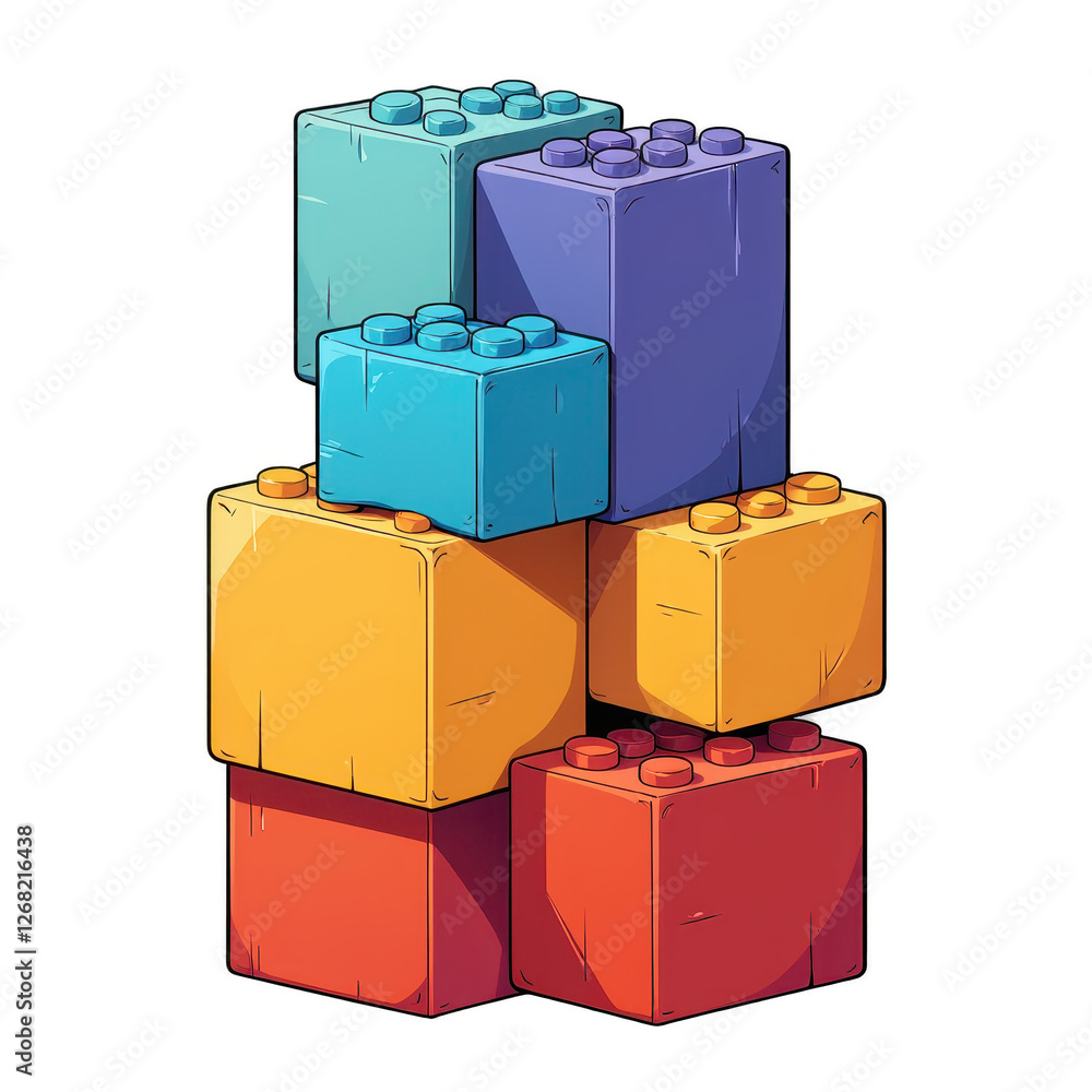 Poster vibrant illustration: colorful building blocks stack on multicolored background. a stack of colorful