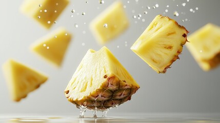 Chopped pineapple pieces floating in mid-air, water droplets scattering dynamically, isolated on a light grey background with copy space. 