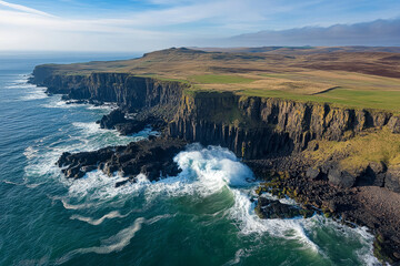 Dramatic coastal cliffs with powerful ocean waves crashing against the rugged shoreline