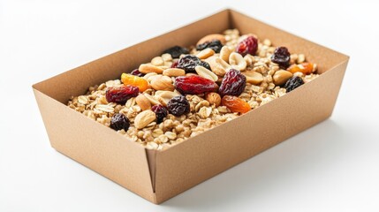 Delicious oatmeal topped with nuts and dried fruits, neatly packed in a recyclable box, isolated on white background with copy space.