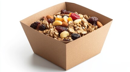 Delicious oatmeal topped with nuts and dried fruits, neatly packed in a recyclable box, isolated on white background with copy space.