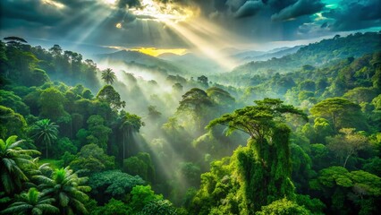 Kerala Rainforest Canopy: Double Exposure Aerial View of Lush Western Ghats