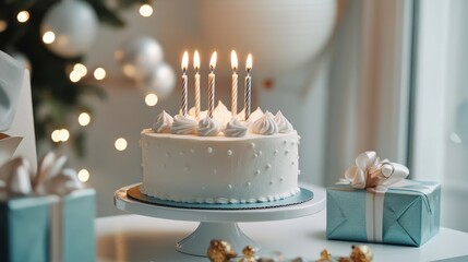 Elegant birthday scene, stylish cake with candles, luxury gift boxes, and a sophisticated greeting card. 