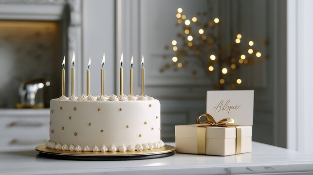 Elegant birthday scene, stylish cake with candles, luxury gift boxes, and a sophisticated greeting card. 
