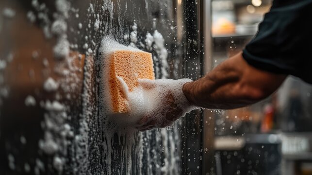 Carefully cleaning the interior walls of a fridge with a soft sponge