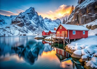 Fototapeta premium Lofoten Islands Winter Nusfjord: Cozy Cabin & Traditional Norwegian Fishing Village