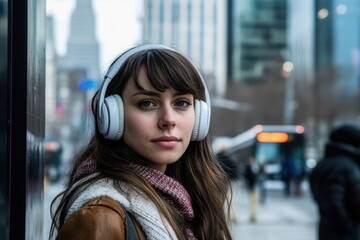 Fototapeta premium Young woman waiting at a modern bus stop
