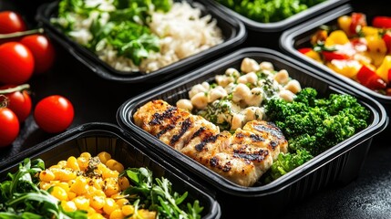 Obraz premium Fitness meal boxes with lean proteins and greens, athletic lifestyle. 