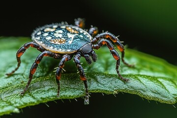 Fototapeta premium Tick on Green Leaf Macro Close-up Shot Health Nature Forest