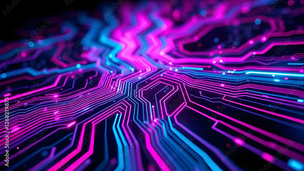 Poster a seamless vector pattern of electronic circuit board lines and microchips illustrates the intricate