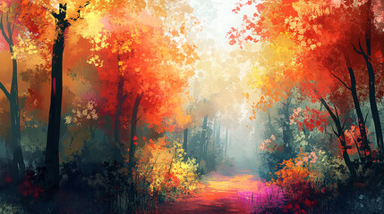 Autumn Forest Landscape with Vibrant Foliage – Magical Autumn Forest Pathway – Enchanting Autumn Forest with Golden Leaves