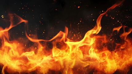 A dynamic flame with vibrant orange and yellow hues against a dark background, capturing the intense energy of fire and movement.