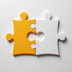 Fototapeta premium Two Jigsaw Puzzle Pieces: Yellow Jagged Edge Contrast Against Smooth White Finish. Two white and yellow jigsaw puzzle pieces on a white surface.