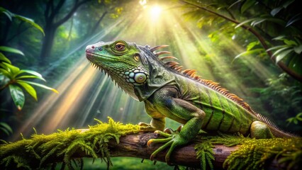 Obraz premium Long Exposure: Iguana in Lush Rainforest - Vibrant Green Canopy
