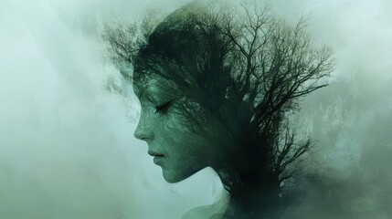 A woman's face is shown in a painting with a tree growing out of her head