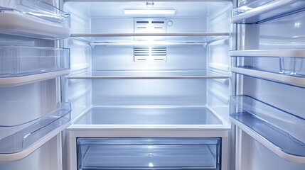 Empty refrigerator with all shelves removed, ready for deep cleaning