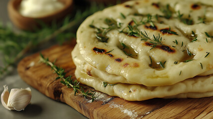 Freshly Baked Garlic Herb Flatbread on a Rustic Wooden Board