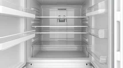 Empty refrigerator with all shelves removed, ready for deep cleaning