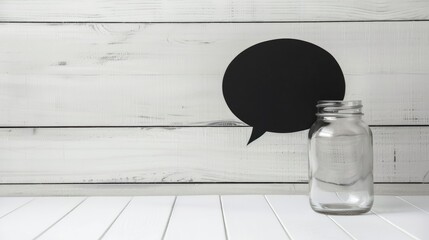 Empty glass jar positioned on a white wooden table with a black speech bubble backdrop, suggesting communication themes