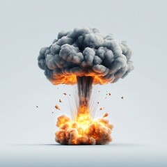A powerful explosion creating a mushroom-shaped cloud with vibrant orange and gray smoke, symbolizing an intense destructive force. The image captures the chaotic moment of an explosion