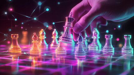 A hand manipulating digital chess pieces on a networked chessboard. Neon-Plated Knights. Illustration
