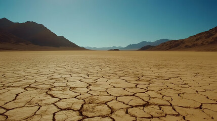 Dry cracked desert landscape under clear sky