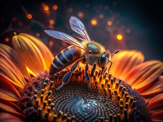 Low Light Bee on Sunflower - Macro Photography Stock Photo