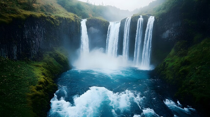 Fototapeta premium Majestic waterfall cascades into turquoise pool, misty landscape
