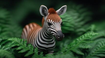 Young zebra peering through lush green foliage in soft focus wildlife photograph capturing exotic nature and unique striped pattern in vibrant jungle setting