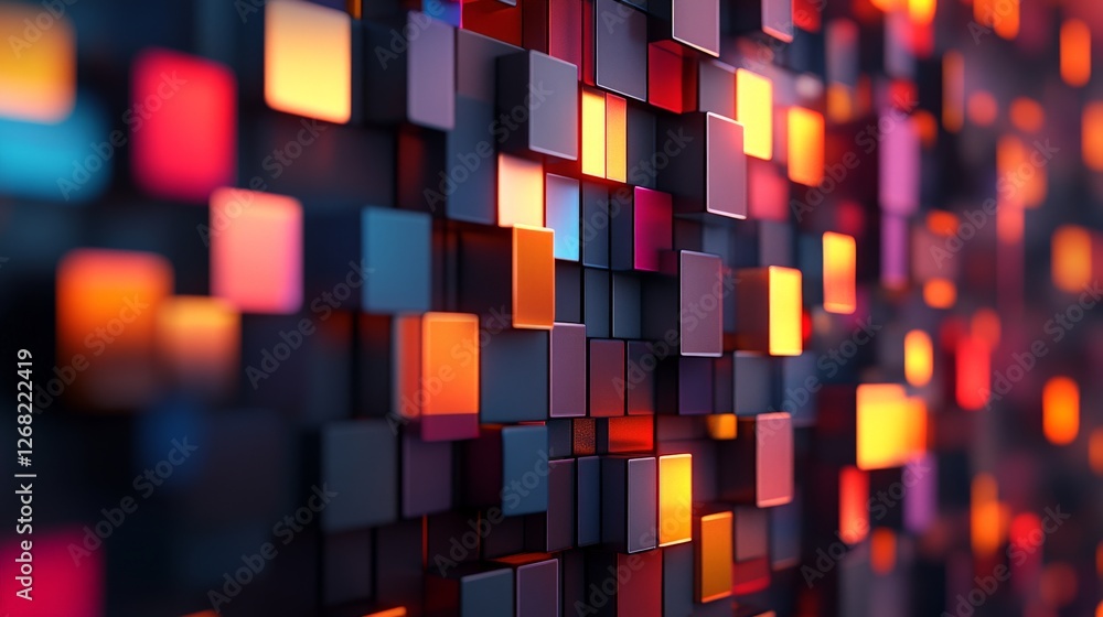 Poster abstract 3d render of glowing multicolored cubes in dark futuristic space symbolizing digital techno