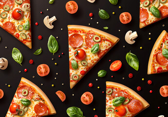 Delicious pizza slices with toppings like pepperoni, olives, and tomatoes, arranged on dark background, creating vibrant and appetizing pattern