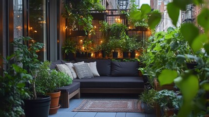 Cozy urban balcony with lush greenery, string lights, and comfortable seating. Perfect for showcasing relaxation, urban gardening, or outdoor living spaces.