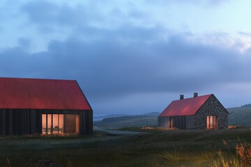 Obraz premium Cozy cottages nestled in the serene countryside during twilight, showcasing warmth and tranquility in a picturesque landscape