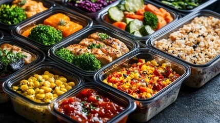 Fototapeta premium Gourmet meal prep boxes, balanced diet, high-protein and low-carb options. 