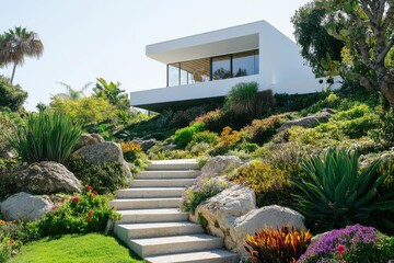 Fototapeta premium Modern house perched on a hillside surrounded by lush gardens and vibrant flowers, showcasing beautiful landscaping under a clear sky in a sunny setting