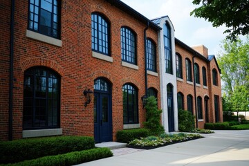 Fototapeta premium Beautiful brick building showcasing modern architecture with large windows, surrounded by green landscaping on a sunny day
