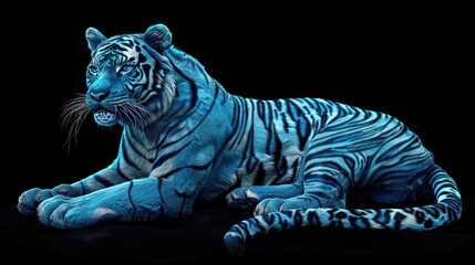 Fototapeta premium A majestic blue tiger resting gracefully against a black backdrop, showcasing its vibrant fur and striking features