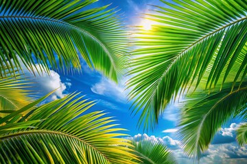 Lush Green Palm Leaves Against Blue Sky: Tropical Beach Summer Vacation Background