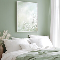 serene green bedroom features floral artwork above cozy bed, creating calming atmosphere