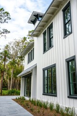 Obraz premium Modern farmhouse located in a lush setting, showcasing unique architectural design with large windows and natural surroundings, ideal for serene family living