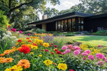 Obraz premium Vibrant flower garden surrounding a modern house in a sunny neighborhood with lush greenery and colorful blooms during daylight