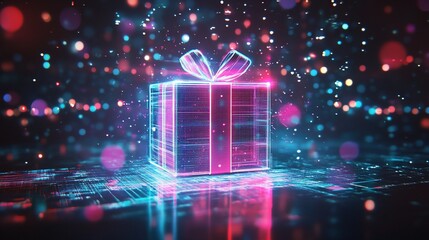 Glowing digital gift box with ribbon on dark background.