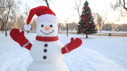 Obraz premium A cheerful snowman with a Santa hat and red gloves stands in a snowy park, welcoming the festive season with a decorated Christmas tree in the background.