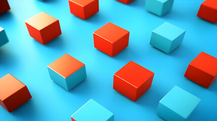 Obraz premium Red and blue cubes pattern on blue background; abstract design for business