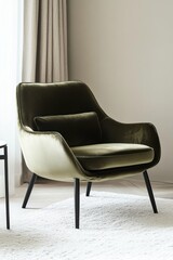Obraz premium The charming living room features a luxurious green velvet chair that exudes elegance, beautifully illuminated by the warm natural light pouring through the window