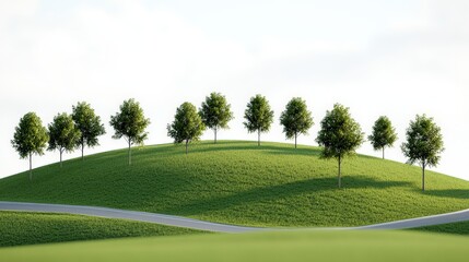 Rolling green hill landscape with evenly spaced trees under clear blue sky peaceful nature scene simple beauty eco friendly environment concept