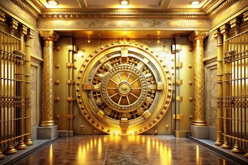 Obraz premium Luxurious Golden Bank Vault Door: Intricate Design & 3D Security Rendering