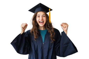 A joyful university graduate in a cap and gown raises both fists in celebration, showcasing excitement and pride in academic success. Isolated on green chroma background
