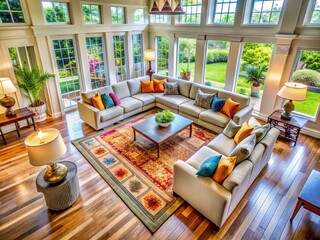 Luxurious L-Shaped Sectional Sofa in Modern Living Room - Aerial View