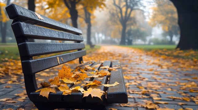 A tranquil park scene showcasing a weathered wooden bench adorned with fallen autumn leaves. The misty atmosphere enhances the serene mood.